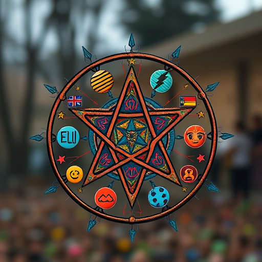 Create a detailed illustration of a pentagram filled with colorful symbols and patterns representing various emotions and themes, shot with a Canon EOS R5, 50mm lens, f/1.8 aperture, ISO 100, and a soft focus background to enhance the foreground.
