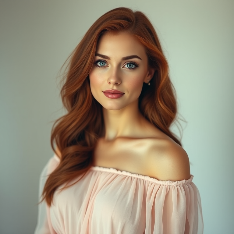 portrait of a woman with wavy red hair wearing an off-shoulder pastel chiffon dress, soft diffused lighting, shallow depth of field, 50mm lens, f/1.8 aperture, ISO 100, natural light, captured with a digital mirrorless camera