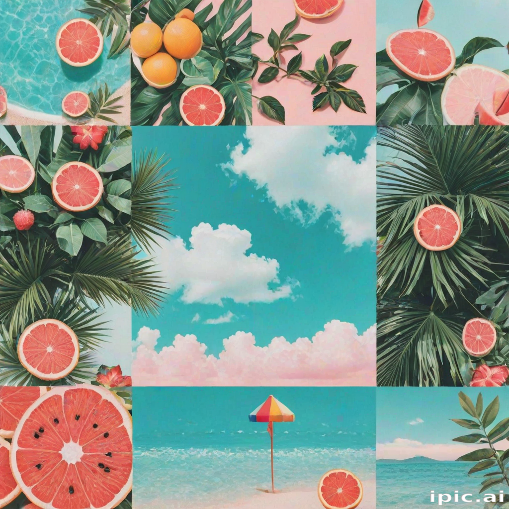 Vibrant Summer Collage Featuring Tropical Fruits, Lush Leaves, and ...