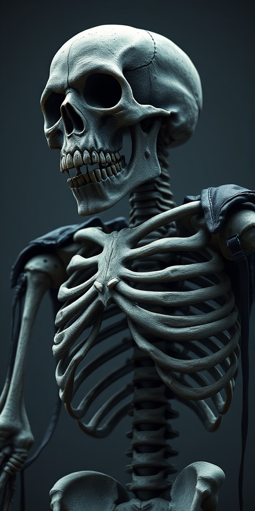 giving it an ancient, humanoid figure, horror theme. The skeleton is a formidable figure with a grinning skull, This is a highly detailed digital CGI rendering of an enormous, The image is a high-resolution photograph of a detailed, giving it a menacing appearance., dark and eerie style, with the rib cage visible beneath the tattered leather.