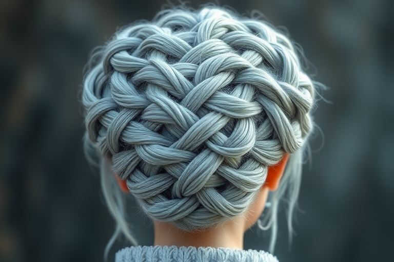 Intricate braided updo featuring a mix of silvery gray and pale blue strands woven into an elaborate crown-like structure, evoking an icy queen's regal appearance named Frost Empress
