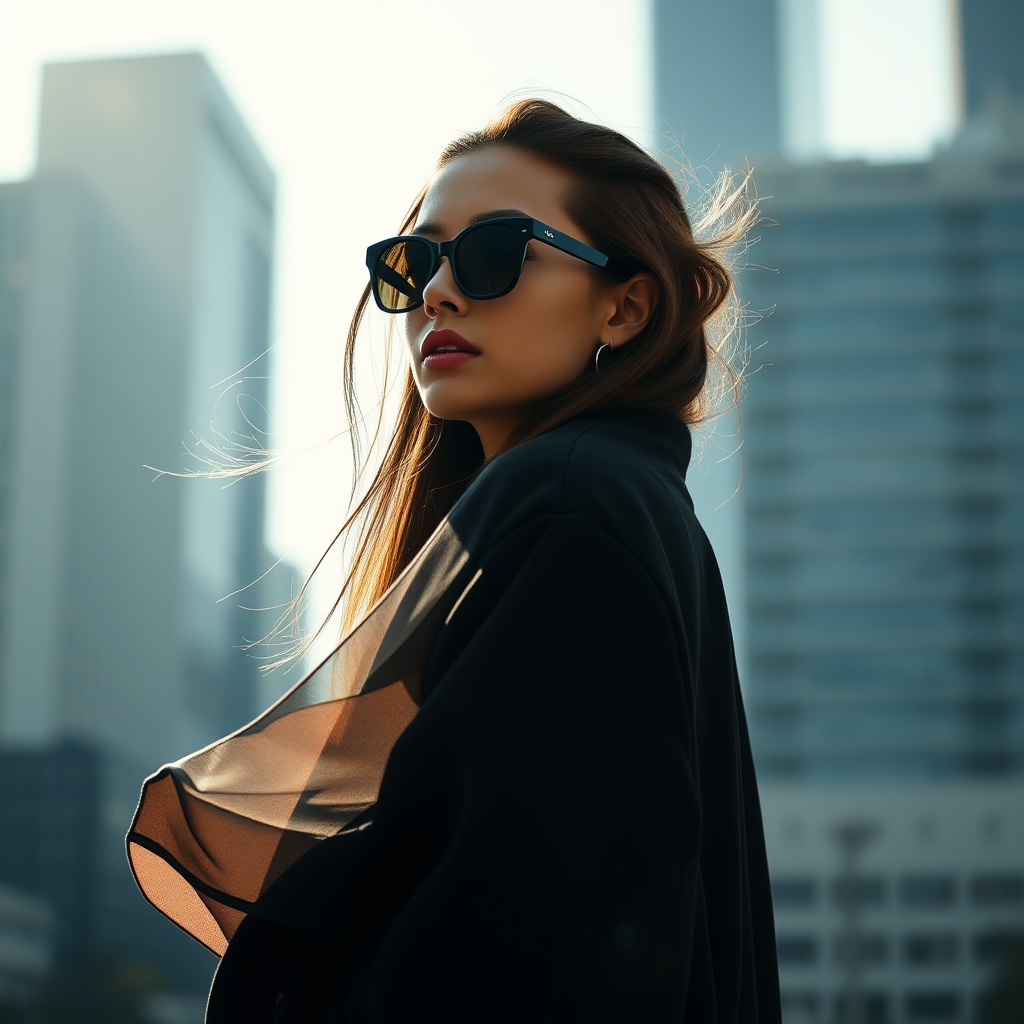 Cityscape backdrop, fashionable attractive model , wearing black shades, oversized coat, minimalist accessories, urban chic vibe, Shoot against a strong backlight using a 50mm f/1.2 lens to create a soft, silhouetted profile, highlighting the flow and transparency of the fabric