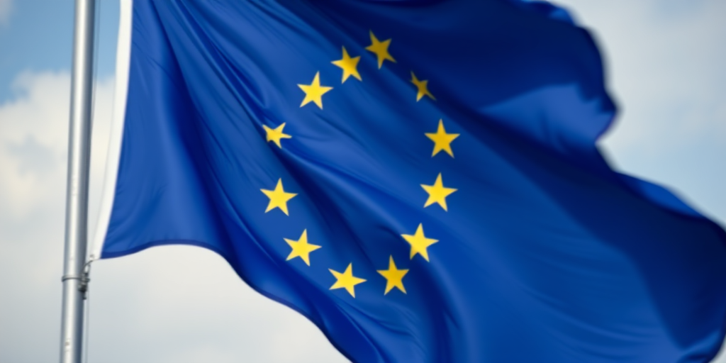 Create an image of the European Union flag waving in the wind, captured with a Canon EOS R6, 50mm lens, f/8 aperture, ISO 100, in natural lighting, with a slight motion blur to emphasize movement.