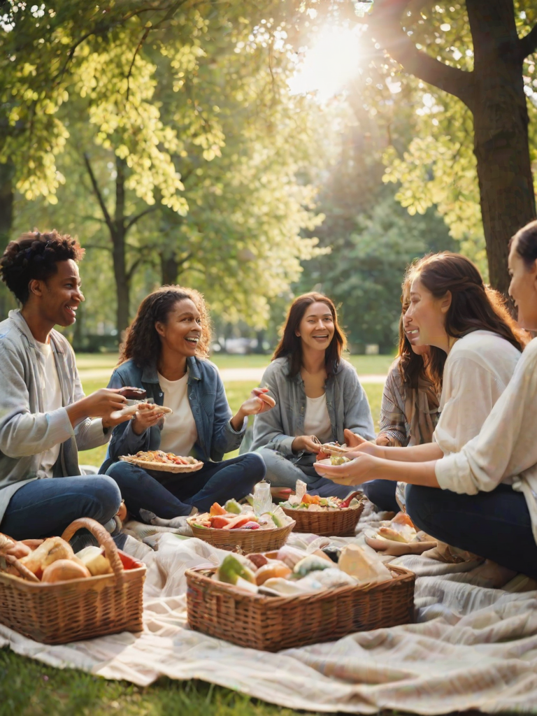 Blurry action shot of a group of friends enjoying a picnic in the park, soft sunlight filtering through the trees, with a blanket spread out and baskets filled with food.