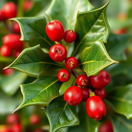 Create a high-resolution digital illustration of a holly sprig with vibrant green leaves and red berries, using a macro lens with an aperture of f/2.8, capturing the detail in natural light, shot from a slightly elevated angle to highlight the texture and colors.