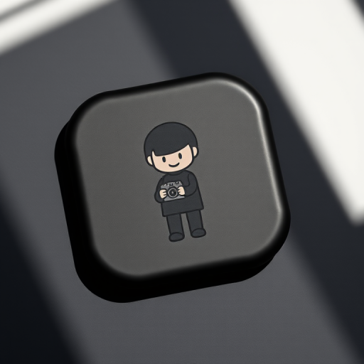 Generate a high-resolution image of a minimalist black icon featuring a stylized character holding a camera, shot with a Canon EOS R5 at f/4, ISO 100, 1/200 sec, in a flat lay view with natural lighting.
