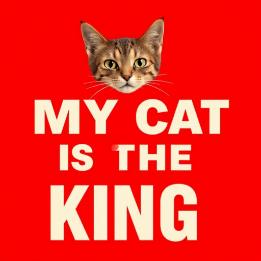 Create an image featuring bold, minimalist text that reads "MY CAT IS THE KING" in large, stylish font centered on a solid red background, use a DSLR camera with f/2.8 aperture, 50mm lens, and a view from eye level to enhance clarity and depth.
