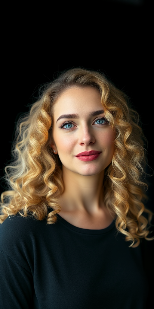 regenerate a high-quality portrait of a woman with curly blonde hair, showcasing her confident expression with a blurred black background, using a Canon EOS R5, 85mm lens, f/1.8 aperture, ISO 100, soft natural lighting.