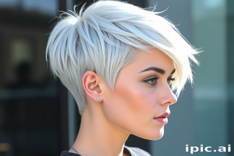 Striking platinum pixie cut with asymmetrical layers, dubbed "Arctic Frost," boasts a sleek and edgy appearance with icy blue undertones that catch the light