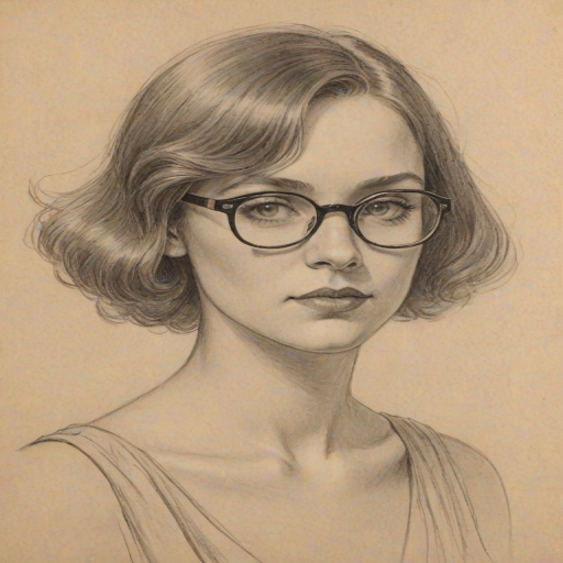 Sublime Elle Duncan, pencil sketch, portrait of Pleasing woman 1923s in glasses, hair style beatnik, outline, clear lines, fine lines, 8k