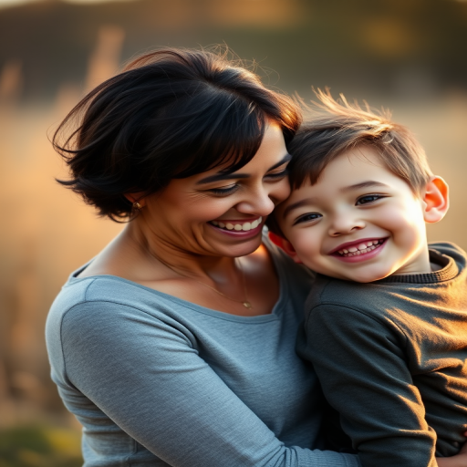 portrait of a mother and son sharing a joyful moment outdoors, soft focus background, golden hour lighting, 50mm lens, f/1.8 aperture, ISO 100, shutter speed 1/200s, DSLR camera, natural light photography