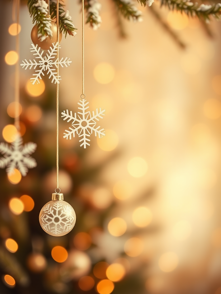 Create a festive winter background featuring soft golden tones with hanging white snowflakes and ornaments. Include a gentle bokeh effect to enhance the dreamy atmosphere, making it perfect for a holiday theme.