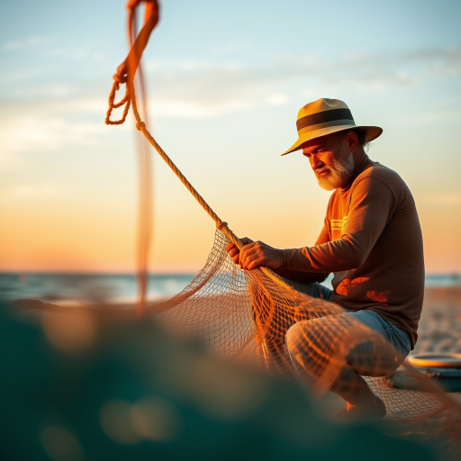 capture a candid scene of a man working on a fishing net at the beach during golden hour with a shallow depth of field, soft bokeh in the foreground, use a 50mm lens, aperture f/1.8, ISO 200, shutter speed 1/200s, natural light with warm tones