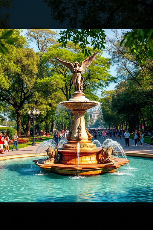 Regenerate an image of a lively park scene featuring a large fountain with an angel statue, surrounded by trees and people, in the style of a wide-angle shot taken with a DSLR camera at f/8, ISO 100, 24mm focal length, natural lighting, vivid colors, with a slightly elevated perspective to capture the atmosphere and background.