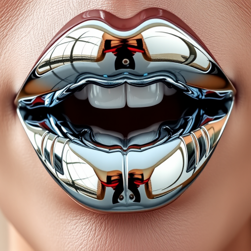 Futuristic chrome lips with a mirror-like silver finish, reflecting surroundings and creating an ultra-modern, sleek appearance