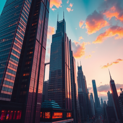 create an image of a futuristic cityscape at sunset with vibrant colors and intricate details using a DSLR camera with a 24mm lens, aperture f/8, ISO 100, and HDR settings for enhanced dynamic range, shot from a low angle perspective to emphasize towering skyscrapers and a hint of clouds in the sky