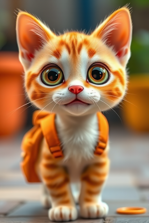A cute cartoon cat with wide eyes and a small orange backpack, bright colors, high resolution, 50mm lens, f/2.8 aperture, natural light, shot from eye level with a shallow depth of field.