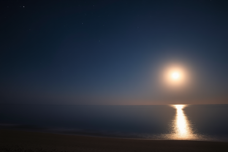 Capture a serene night landscape with a full moon reflecting on a calm ocean, soft glow illuminating the shoreline, clear starry sky, shot with a DSLR camera using a 24mm lens at f/8, ISO 400, 30-second exposure, tripod-mounted for stability, wide-angle view.