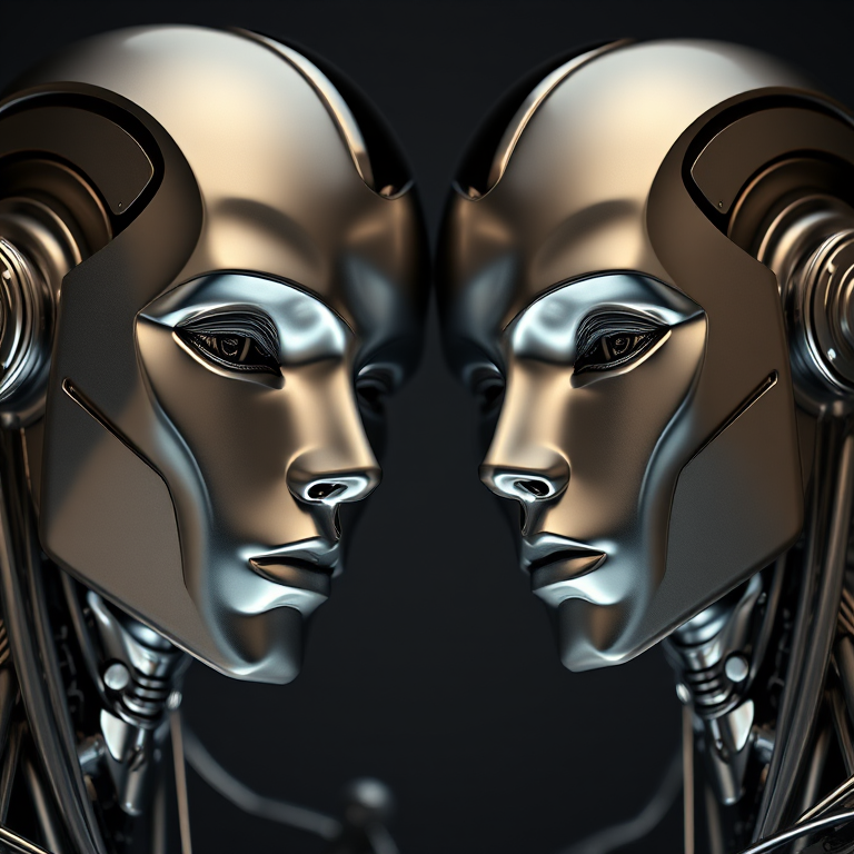 High-resolution rendering of two stylized metallic humanoid figures, focused on facial details, with a soft studio lighting setup, 50mm lens, f/1.8 aperture, ISO 100, 1/200 sec shutter speed, using a full-frame DSLR camera.