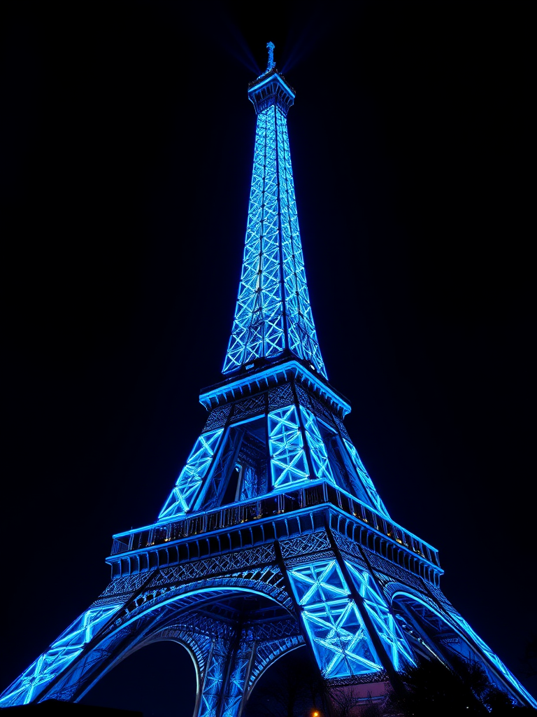 generate an image of the Eiffel Tower illuminated in blue neon lights against a dark background, DSLR camera, f/2.8 aperture, 50mm lens, ISO 100, long exposure 5 seconds, panoramic view