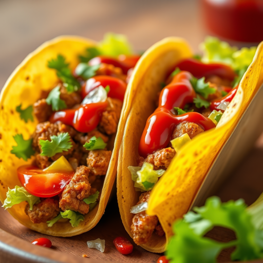 Create a vibrant, detailed illustration of two delicious tacos filled with meat, lettuce, tomatoes, and drizzled with hot sauce, shot with a Canon EOS 5D Mark IV, aperture f/4, ISO 100, 35mm lens, with a shallow depth of field and high saturation to enhance colors.