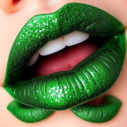 Glittery emerald green lips with a sparkling finish, dubbed "Enchanted Forest," display a daring color choice and multi-dimensional shimmer for a magical appearance