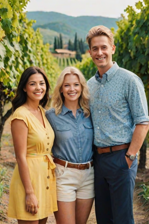 A medium shot photo of three peoplea man and two women posing happily in front of a vineyard under bright natural light. The image has a vibrant color palette, with the greenery of the vineyard and clear blue sky enhancing the cheerful atmosphere. The man, who appears to be Caucasian with an older appearance, has a medium build and light skin with a slight tan. He wears glasses, a light blue button-up shirt, and plaid shorts, smiling warmly while standing between the two women. On his right, a woman with fair skin and blonde hair tied back is wearing a yellow sundress with colorful floral patterns; she leans slightly towards him, smiling at the camera. On his left, the other woman, also with fair skin and blonde hair tied back, wears a blue patterned blouse and dark trousers, leaning in with a broad smile. The bright sunlight casts soft shadows, creating a lively, clear atmosphere. The setting is a vineyard with rows of lush vines and tall, thin cypress trees lining a path. The balustrade they lean against adds a touch of elegance, suggesting a winery or an estate. The image captures intricate details with high clarity, and the bright lighting emphasizes both the subjects and the scenic backdrop, evoking a warm and joyful moment shared among family or friends