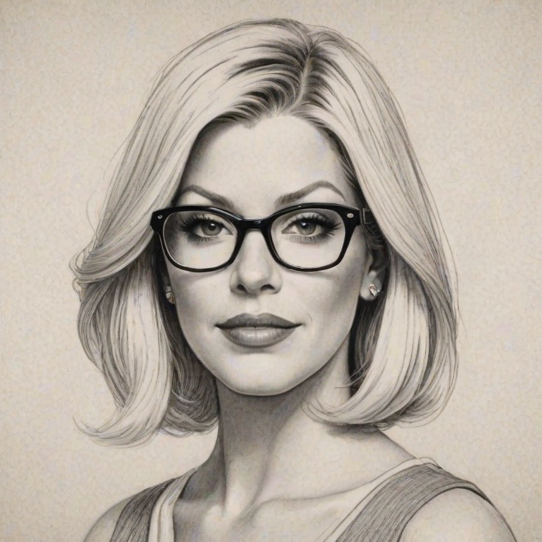 Beauteous Tori Spelling, pencil sketch, portrait of Fascinating woman 1926s in glasses, hair style beatnik, outline, clear lines, fine lines, 8k
