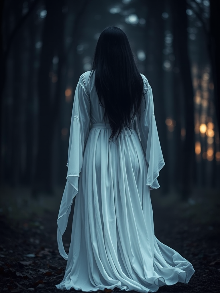Generate a high-resolution image of a mysterious figure standing with their back facing the viewer, wearing a flowing white dress and long black hair, in an eerie forest setting at dusk, using a DSLR camera with a 50mm lens, f/1.8 aperture, ISO 200, and a shallow depth of field for a dramatic effect.