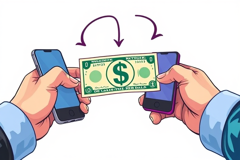 Create an illustration of two hands holding smartphones, transferring a dollar bill between them with arrows indicating movement, using a high-resolution digital art style, with a close-up view at a 45-degree angle, shot on a Canon EOS R5 with a 24-70mm f/2.8 lens, aperture set to f/8 for sharp detail and vibrant colors.
