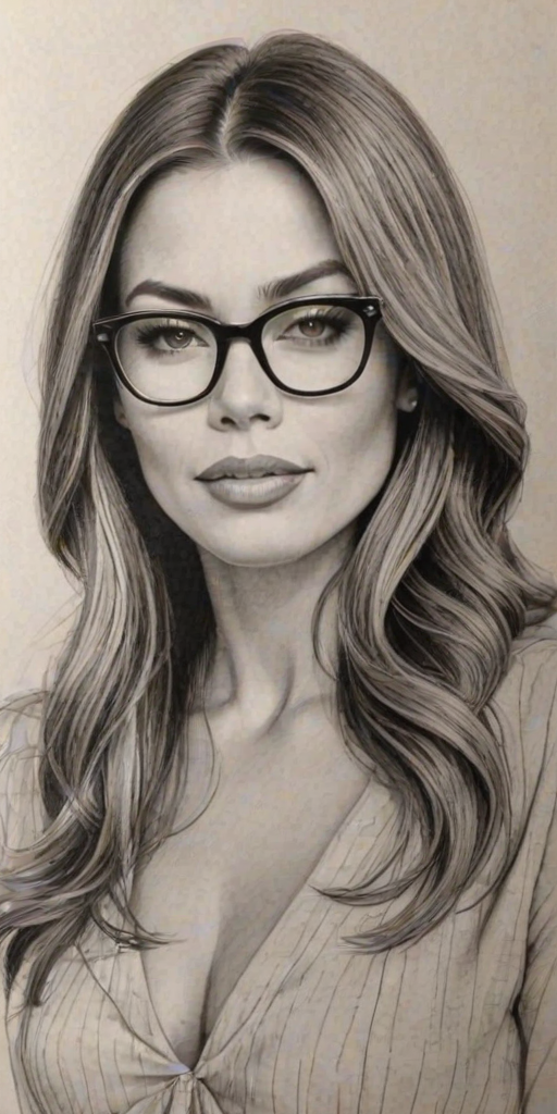 Captivating Sofia Vergara, pencil sketch, portrait of Splendid woman 1925s in glasses, hair style beatnik, outline, clear lines, fine lines, 8k