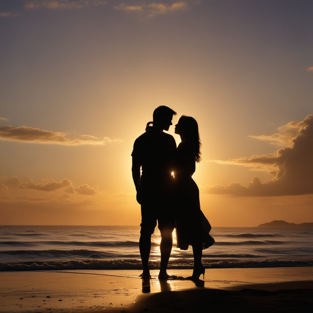 Romantic Silhouette of a Couple Embracing at Sunset on the Beach