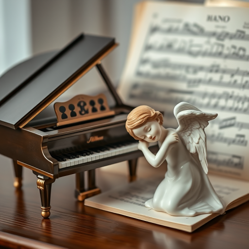 a small grand piano next to a porcelain figurine of a sleeping angel on sheet music, soft focus, f/2.8, ISO 100, 50mm lens, macro view, natural lighting, shallow depth of field, captured with a DSLR