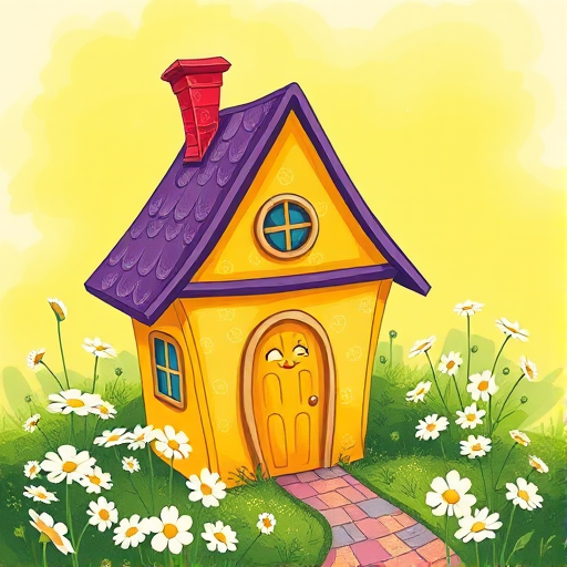 A whimsical illustration of a colorful house with a purple roof and yellow walls, surrounded by white flowers, set against a vibrant green background, captured using a wide-angle lens, f/8 aperture, ISO 100, in a digital illustration style for enhanced clarity and detail.