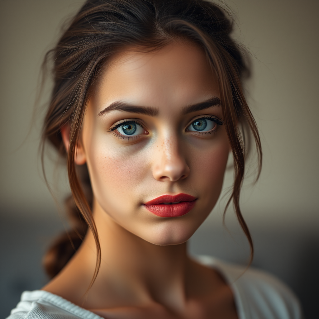 Create a portrait of a young woman with soft lighting, shallow depth of field, using a full-frame DSLR camera, aperture set to f/1.8, ISO 100, 85mm lens, shot at a 45-degree angle, with a blurred background to enhance facial features and skin texture.