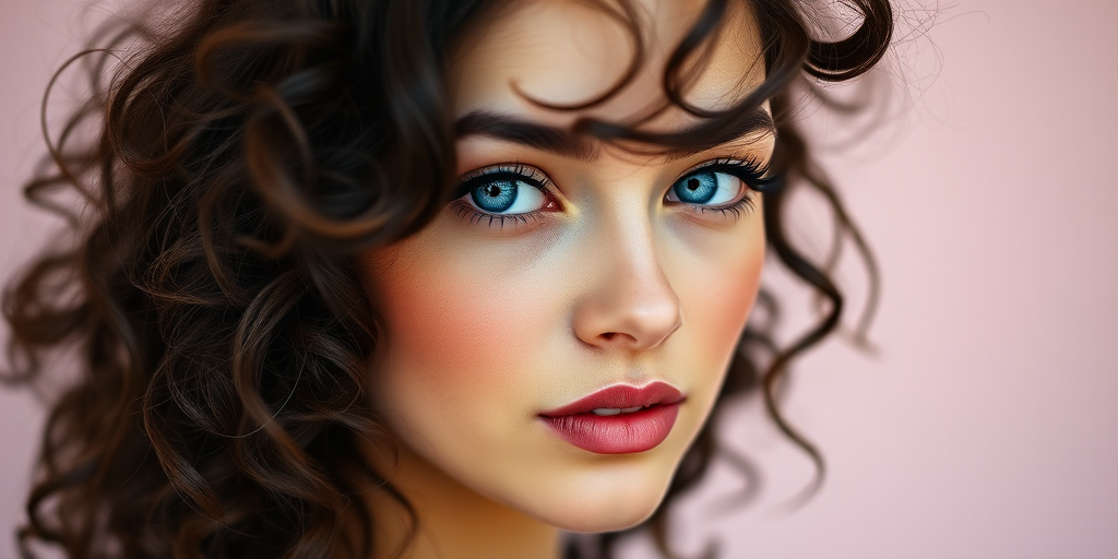 create a portrait of a young woman with curly dark hair and striking blue eyes, soft lighting, shallow depth of field, 50mm lens, f/1.8 aperture, ISO 100, captured with a full-frame DSLR camera, natural skin tones, soft pastel background.