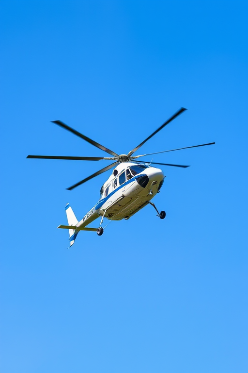 High-resolution image of a police helicopter in flight against a clear blue sky, captured with a DSLR camera, 50mm lens, aperture f/8, shutter speed 1/1000s, ISO 200, shot from a low angle for dramatic effect.