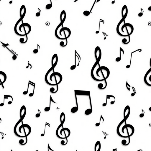 Create a seamless pattern of various music notes and clefs on a white background, captured with a Canon EOS 5D Mark IV, using a 50mm f/1.8 lens, aperture set to f/8, ISO 100, and shot from a top-down view to enhance clarity and detail.