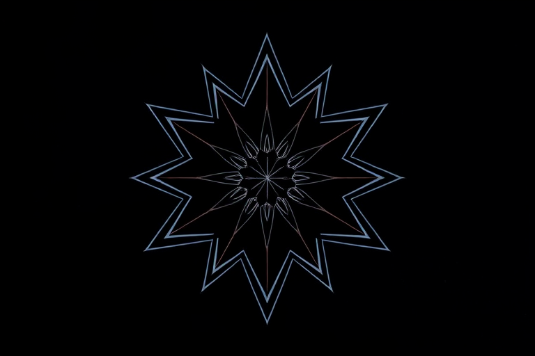 Create a high-resolution geometric star design on a solid black background, using a DSLR camera with a 50mm lens, aperture set to f/1.8, shutter speed at 1/100s, ISO 200, capturing from a top-down view with soft, diffused lighting.