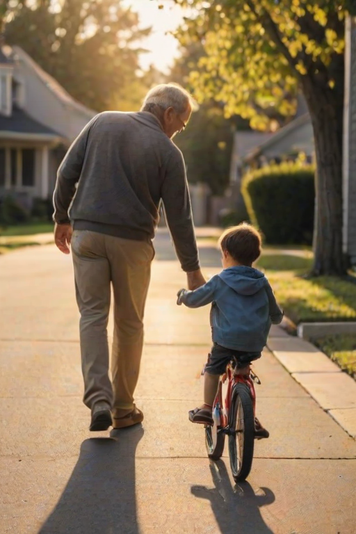 Blurry candid shot of a father teaching his child to ride a bicycle on a quiet suburban street at sunset, soft golden light casting long shadows on the pavement and a peaceful neighborhood atmosphere.