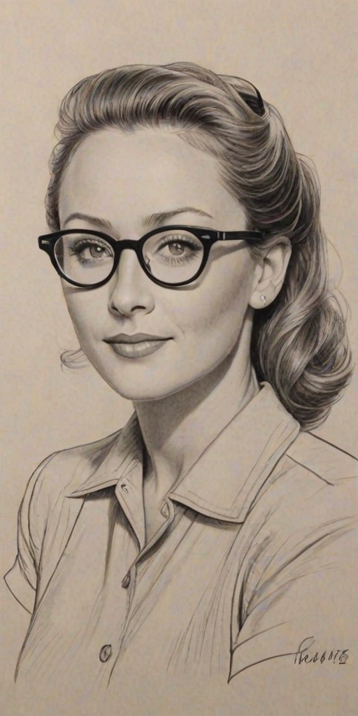 Splendid Christine Taylor, pencil sketch, portrait of Pleasing woman 1940s in glasses, hair style beatnik, outline, clear lines, fine lines, 8k