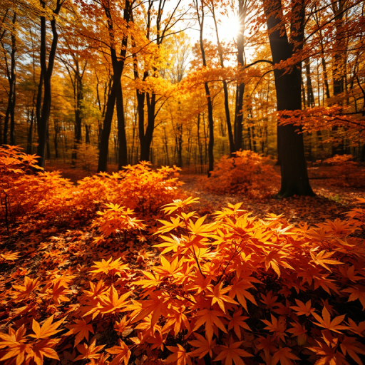 autumn landscape with vibrant orange and yellow maple leaves on the forest floor, soft sunlight filtering through trees, shallow depth of field, ISO 100, f/2.8, 1/200 sec, 50mm lens, DSLR camera, warm color palette, high dynamic range
