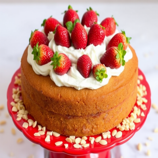 A delicious cake topped with whipped cream and fresh strawberries, surrounded by chopped almonds, presented on a red cake stand with a soft background.