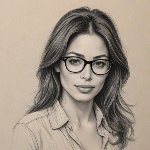 Exquisite Sarah Shahi, pencil sketch, portrait of Beauteous woman 1979s in glasses, hair style beatnik, outline, clear lines, fine lines, 8k