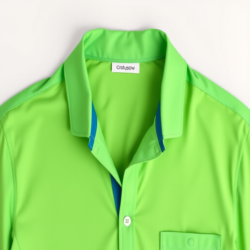Create a vibrant green collared shirt with a blue collar, flat design, using a high-resolution camera with a 50mm lens, f/2.8 aperture, 1/125 shutter speed, and natural lighting, viewed from a front angle.