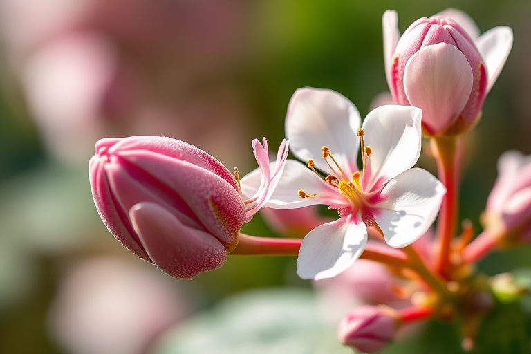 regenerate a detailed illustration of a flowering plant with delicate blossoms and a closed bud, 50mm lens, f/2.8 aperture, ISO 100, soft natural lighting, DSLR camera, macro view, high-resolution output