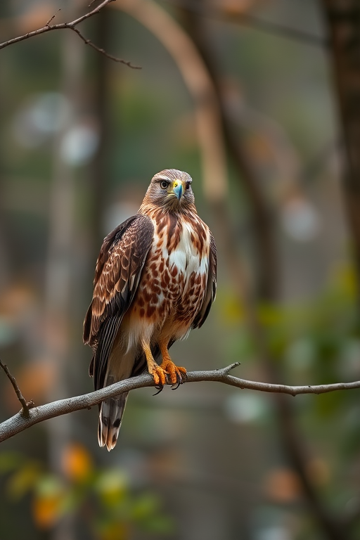 Regenerate a high-resolution image of a hawk perched on a branch with a blurred forest background, using a DSLR camera, 200mm lens, aperture f/2.8, ISO 400, shutter speed 1/500s, natural lighting, and shallow depth of field.