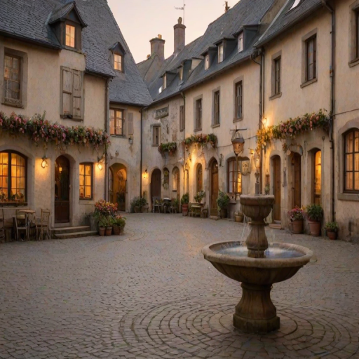 Soft-focus image of a quiet village square at dawn, with soft golden light reflecting off the cobblestones, flower boxes hanging from windows, and a fountain gently trickling in the center.