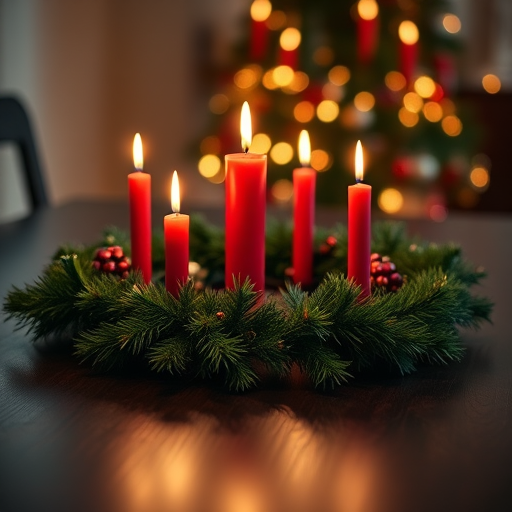 A festive Christmas centerpiece with four red candles lit on a dark wooden table surrounded by a pine wreath, soft focus with a warm light ambiance, using a DSLR camera at f/2.8, 50mm lens, ISO 100, and a shutter speed of 1/60s, shallow depth of field.