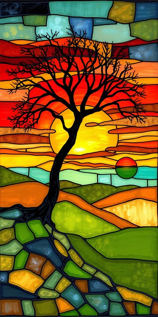 A vibrant abstract painting on Tiffany Glass, blending acrylic and alcohol ink techniques, captures a dramatic sunset over rolling hills. The artwork features a textured, rocky foreground in green and brown, layered abstract hills, and a striking sunset in rich oranges, yellows, and reds. A solitary black tree with intricate branches contrasts against the fiery sky, creating a dynamic and expressive portrayal of a breathtaking natural scene.
